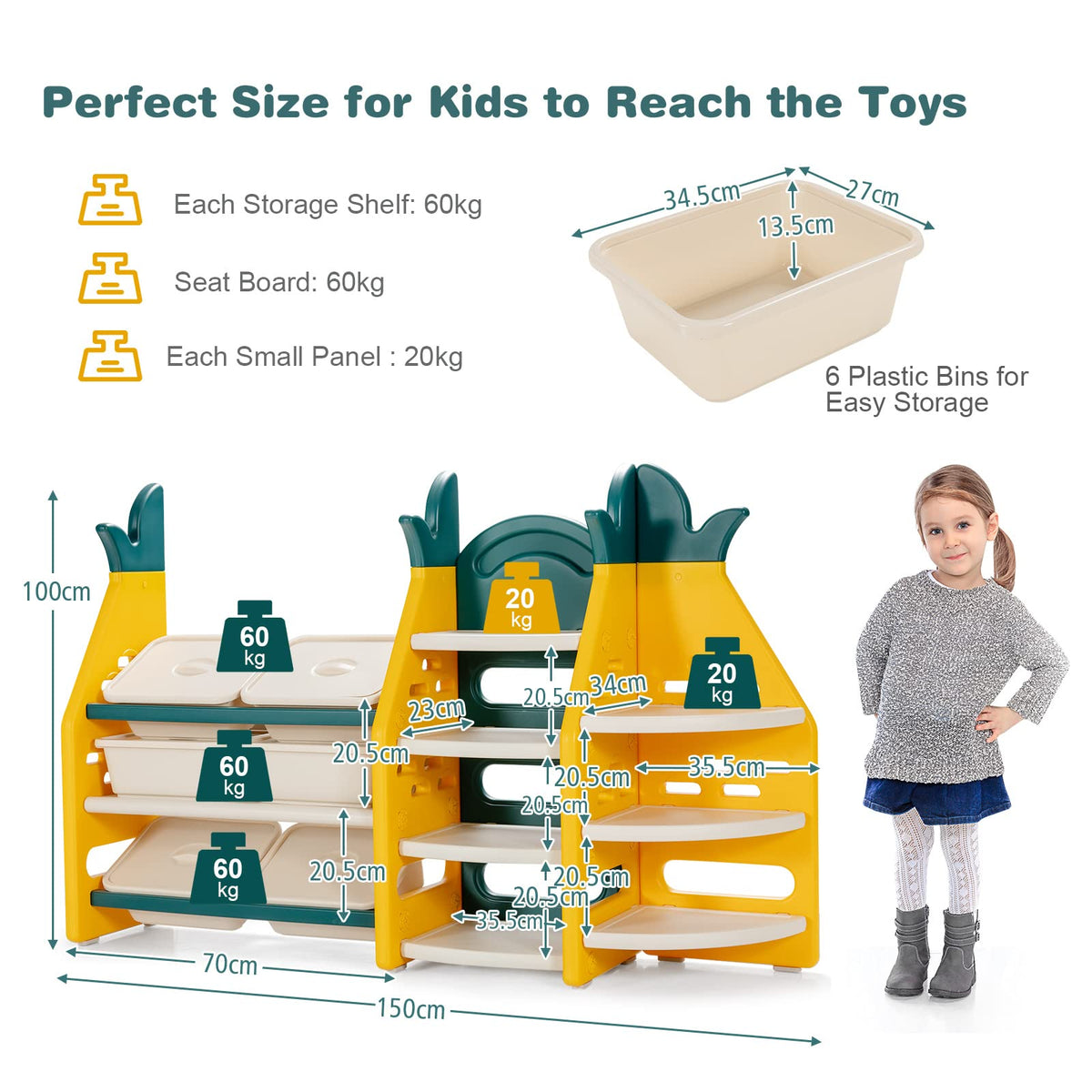 Kids 3-in-1 Toy Storage Organizer, 3-Tier Cabinet Bookshelf w/ 6 Plast ...